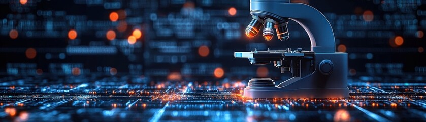 Poster - Microscope on a lab table with another microscope in the background and laboratory equipment surrounding it