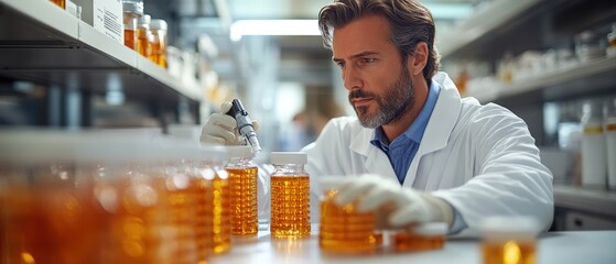 Poster - Man wearing lab coat conducting experiment in a modern laboratory with scientific equipment and tools