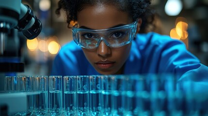 Poster - Woman in lab coat observing glass container in laboratory environment for scientific research