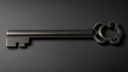 Poster - Close up of a single key resting on a smooth black surface in natural light