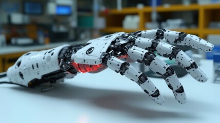 Poster - Robotic hand with a red light showcasing advanced technology and precision engineering