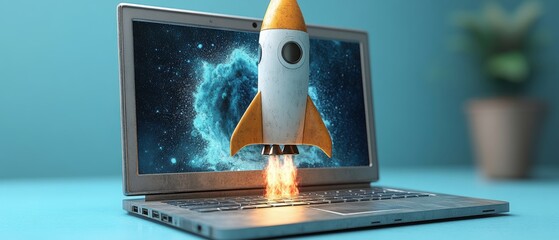 Poster - Laptop with a rocket model placed on top representing technology and innovation in a workspace setting
