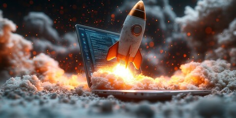 Poster - Laptop with a toy rocket placed on top of it on a wooden table in a home office setting