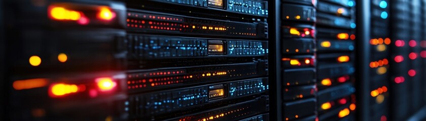 Poster - row of servers in a data center with flashing lights and cables connected to each unit