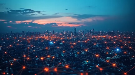 Poster - Night city skyline with illuminated network connections.