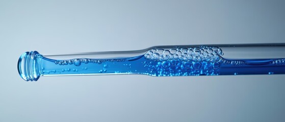 Poster - Blue glass bottle filled with clear water placed on a wooden table against a neutral background