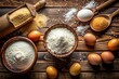 © Danicha - Baking Ingredients Flat Lay: Sugar, Flour, Eggs - Top View, Copy Space