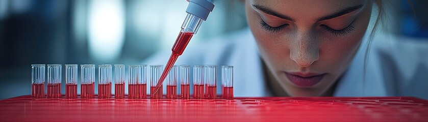 Poster - Woman in lab coat holding a pipe in a laboratory environment with scientific equipment