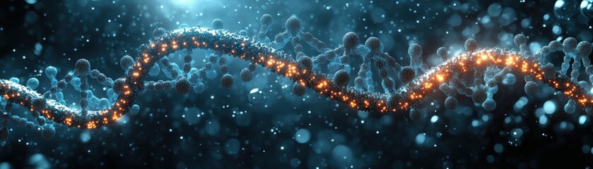 Poster - 3d illustration of dna structure with glowing lights on a dark background for scientific representation