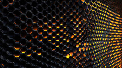 Poster - Glowing Orange and Yellow Hexagonal Grid Pattern on Black Background in Digital Art