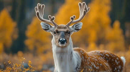 Wall Mural - a reindeer with a golden autumn backdrop standing tall and proud with an amazing antler