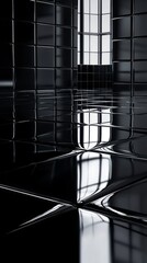 Poster - Reflective glossy black tiles cover the floor, enhancing the contrast with natural light streaming through large windows. The sleek design creates an elegant ambiance in an upscale setting