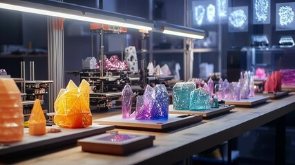 Poster - an array of freshly printed prototypes lined up on a workbench each one showcasing different materia