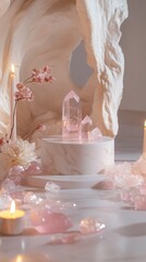 Poster - A glossy porcelain podium supports sparkling pink crystals, illuminated by soft candlelight. Surrounding flowers add a touch of elegance, creating a tranquil atmosphere for reflection and connection