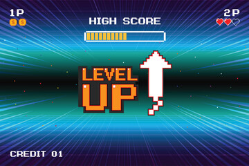 Aufkleber - LEVEL UP icon pixel art. 8 bit game. retro game. Retro Futurism Sci-Fi Background. glowing neon grid. and stars from vintage arcade computer games
