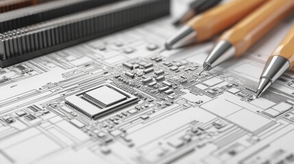Poster - Detailed close-up of a circuit board design with pencils on the side, showcasing intricate patterns