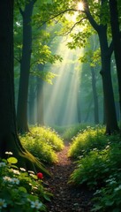 Wall Mural - Sunbeams pierce a silent spring forest, dappled light on new leaves , green, earth