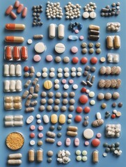 Wall Mural - Collection of different pharmaceuticals in various shapes and colors, displayed against a blue surface for analysis.