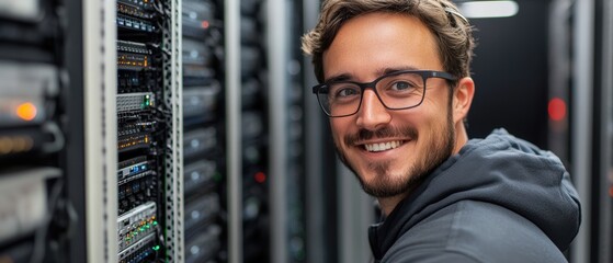 Poster - Smiling man standing in front of server racks in a data center with technology equipment in background
