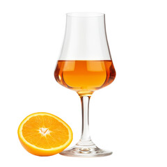 Poster - A stemmed glass of amber-colored liqueur sits beside a juicy orange slice against a black background.