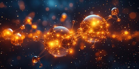 Poster - Exploration of molecular structures with glowing connections in a dark cosmic background