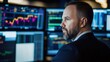 © Jorda - A dynamic trading floor with multiple computer monitors displaying stock market data, Stockbroker in professional attire analyzing the market trends, Stock market scene