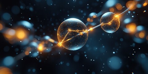 Poster - Abstract visualization of interconnected glowing particles in a dark cosmic background showing science and technology themes