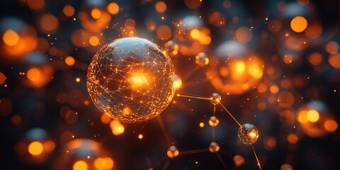 Poster - Abstract representation of interconnected atoms glowing in orange light against a dark background