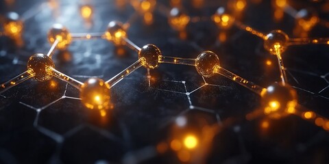 Poster - Close-up view of shining molecular structures on a dark surface highlighting intricate connections and modern technology