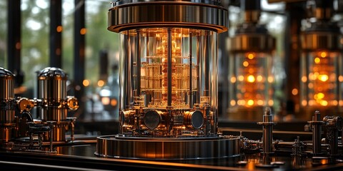 Poster - Intricate machinery displays glowing components in an industrial setting during late afternoon light