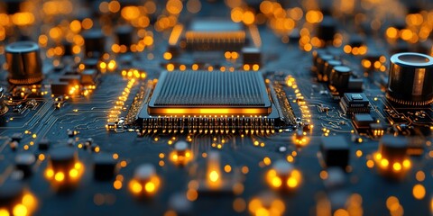 Poster - Bright electronic circuit board with microprocessor and glowing lights in a close-up view showcasing technology and innovation