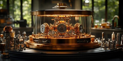 Poster - Stunning golden mechanical display showcases intricate craftsmanship in a workshop setting during daylight hours