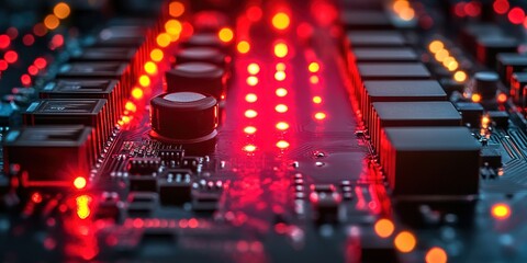 Poster - Intricate circuit board illuminated with vibrant red lights showcasing technology's complexity