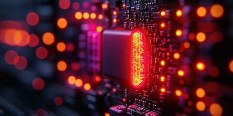 Poster - Intricate electronic circuitry glowing in red light with blurred background during nighttime
