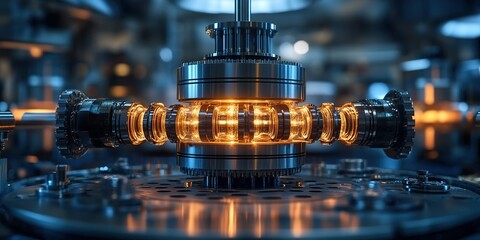 Poster - industrial machinery with glowing components in a high-tech workshop during evening hours