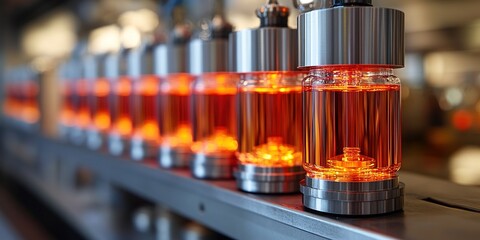 Poster - Production process of vibrant orange liquid in glass containers along industrial conveyor belt