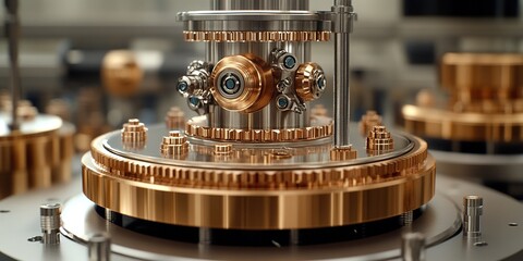 Poster - Intricate machinery showcasing precision engineering and refined metallic components in a modern industrial setting