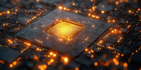 Poster - Intricate close-up of a glowing microchip with vibrant circuitry highlighting advanced technology
