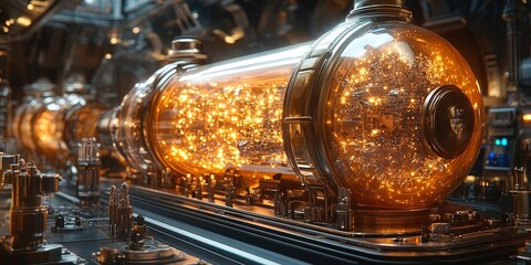 Poster - Futuristic energy storage device in a laboratory setting showcasing glowing particles and intricate machinery