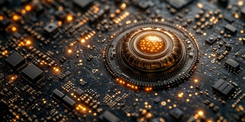 Poster - Complex circuit board with glowing elements showcases advanced technology and intricate design