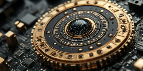Poster - Intricate electronic component showcasing golden details and cosmic patterns in close-up view