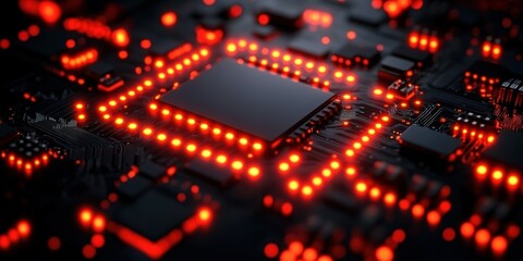 Poster - Exploration of a detailed circuit board highlighting glowing components in a dark setting