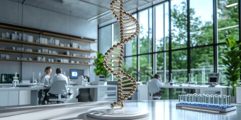 Poster - Laboratory scene highlighting a DNA double helix model with scientists working in the background during daylight