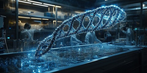 Poster - Advances in genetic research showcase a glowing DNA model in a modern laboratory setting during a scientific experiment