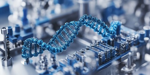 Poster - Blue DNA strand on a circuit board highlighting advancements in biotechnology and genetic engineering
