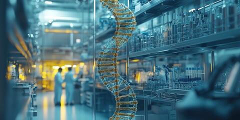 Poster - High-tech laboratory features a DNA double helix with scientists discussing research in a modern facility