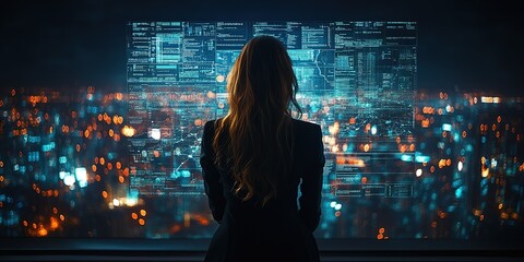 Poster - Woman analyzing data with holographic display in a city skyline at night