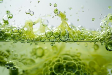 Poster - Abstract macro shot of green liquid with bubbles forming interesting shapes