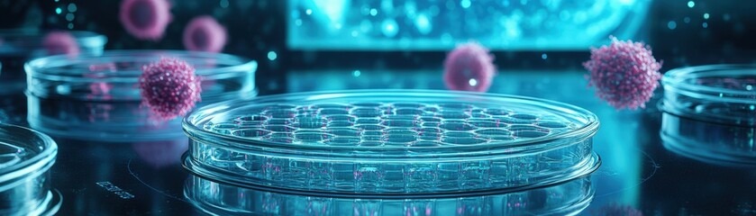 Poster - Group of cells growing in a petri dish under laboratory conditions for scientific research