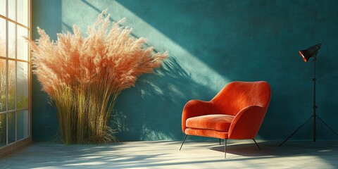 Poster - Bright and inviting living room with orange chair and decorative grass under warm sunlight